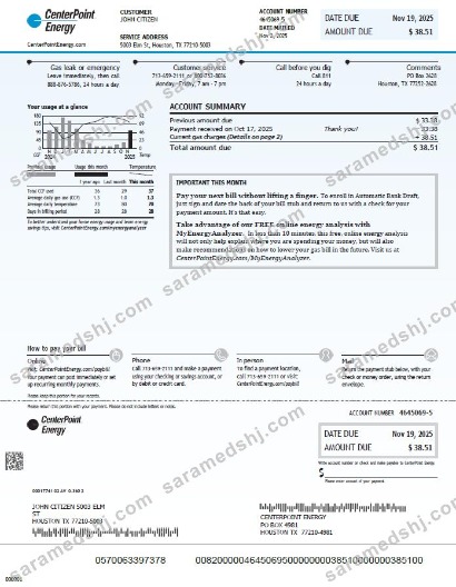 USA Center Point Energy utility bill template in Word and PDF formats